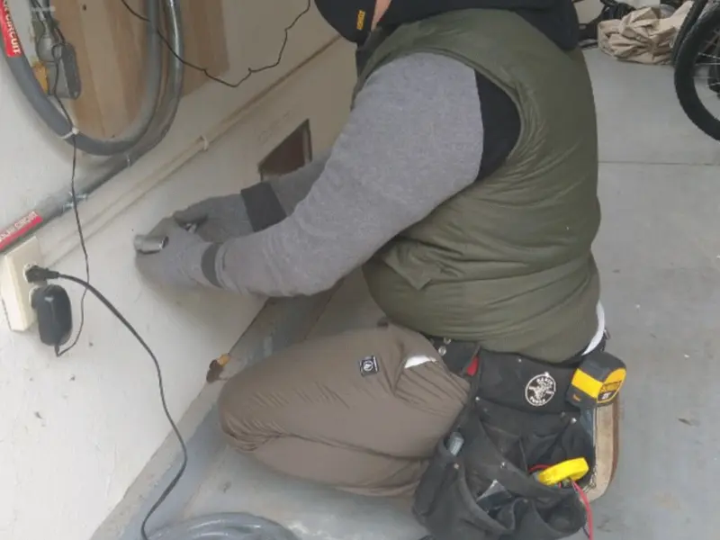 Electrician performing outlet wiring in a Central City garage